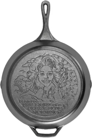 Lodge 13.25 Inch Dolly Parton Pre-Seasoned Cast Iron Stamped Skillet - Signature Teardrop Handle - Use in the Oven, on the Stove, on the Grill, or Over a Campfire - Clear Blue Morning