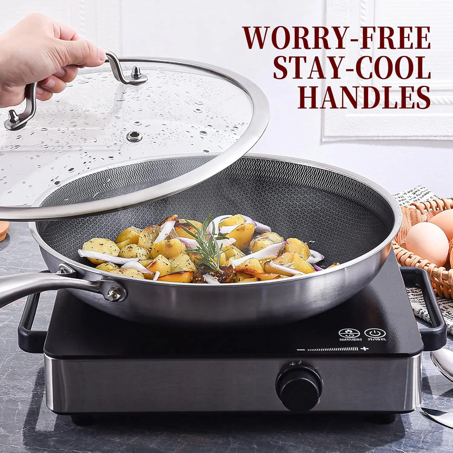 LOLYKITCH 12 Inch Hybrid Stainless Steel Non-Stick Sauté Pan,Induction Frying Pan with Lid,Skillet,Oven and Dishwasher Safe,Detachable Handle