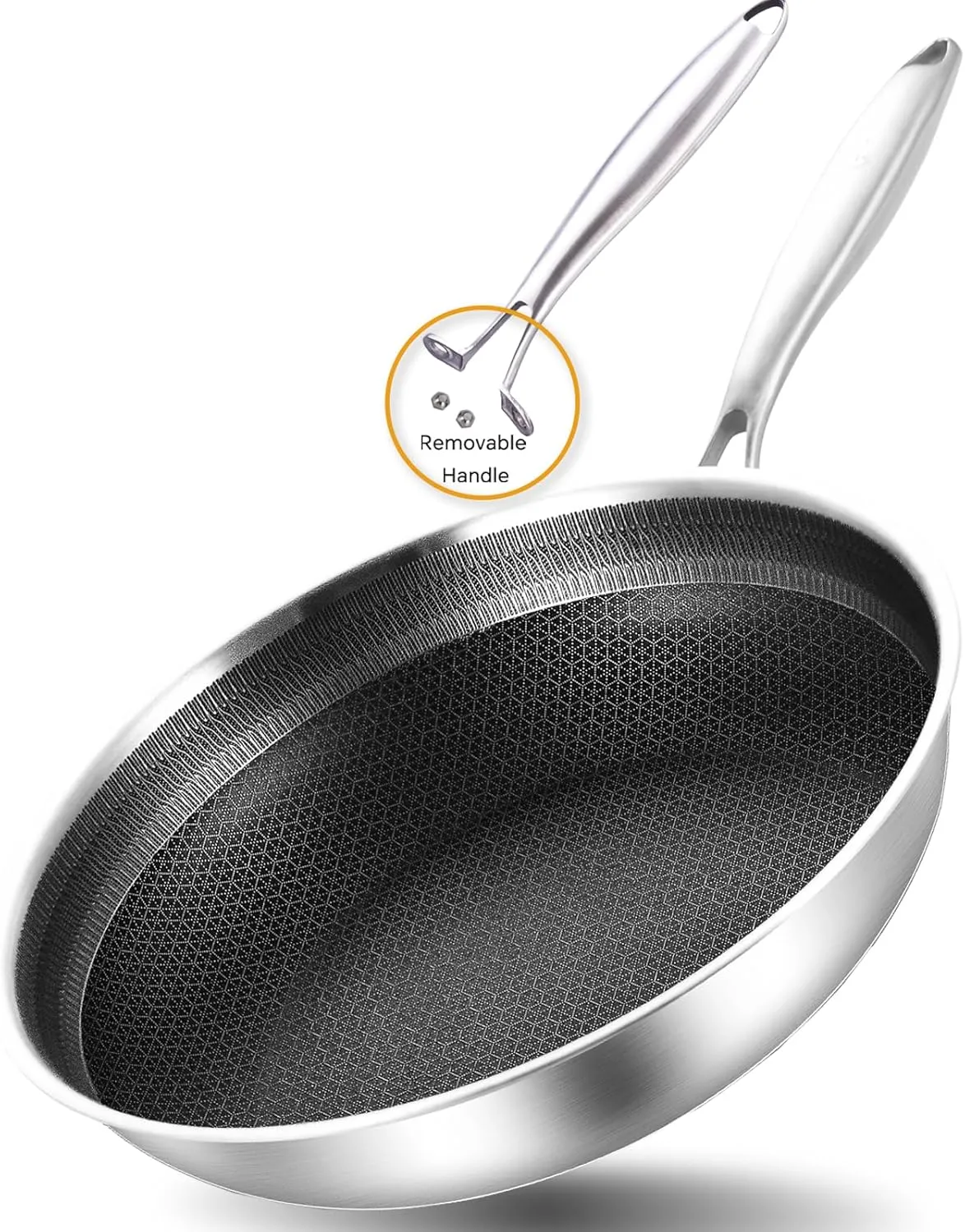 LOLYKITCH 12 Inch Hybrid Stainless Steel Non-Stick Sauté Pan,Induction Frying Pan with Lid,Skillet,Oven and Dishwasher Safe,Detachable Handle