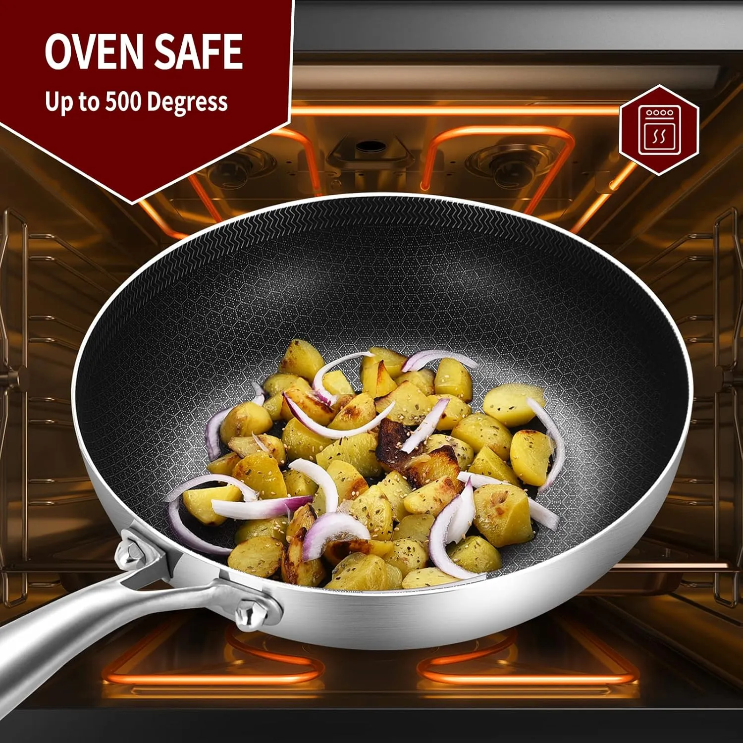 LOLYKITCH 12 Inch Hybrid Stainless Steel Non-Stick Sauté Pan,Induction Frying Pan with Lid,Skillet,Oven and Dishwasher Safe,Detachable Handle