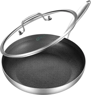 LOLYKITCH 12 Inch Hybrid Stainless Steel Non-Stick Sauté Pan,Induction Frying Pan with Lid,Skillet,Oven and Dishwasher Safe,Detachable Handle