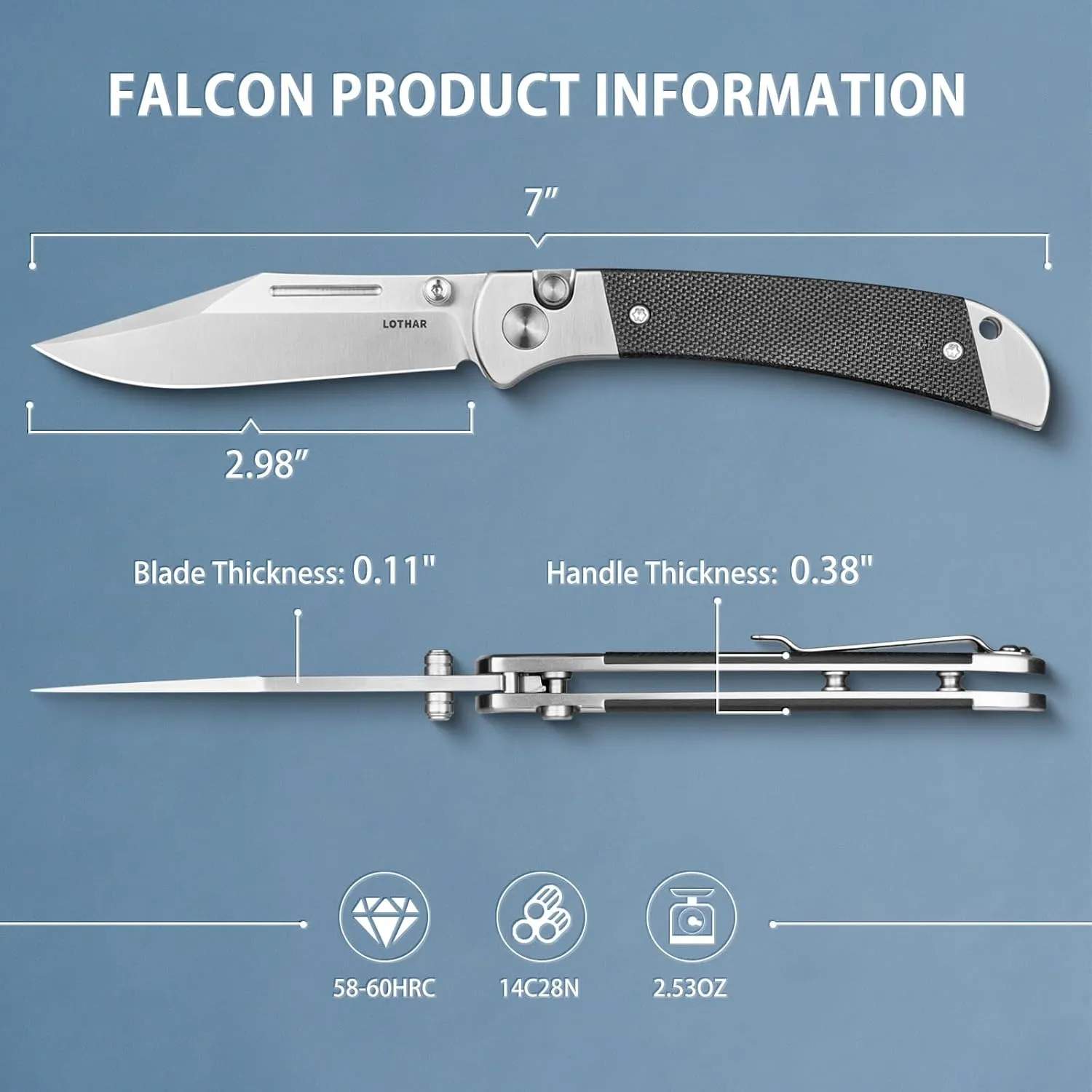 LOTHAR Falcon EDC Pocket Foding Knife, 2.98" 14C28N Blade, Button Lock, Pocket Clip, G10 Handle, Compact & Durable EDC Knife for Camping Hunting, Gift for Men Women(Sliver)