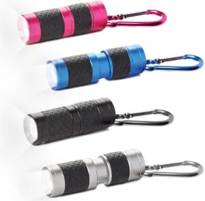 LUXPRO 40 Lumen Keychain Focus Mini LED Flashlight - Features Aircraft-Grade Aluminum and Rubber Grip - Gift for Kids with a Matching Carabiner Clip - Batteries Included - 4 Pack