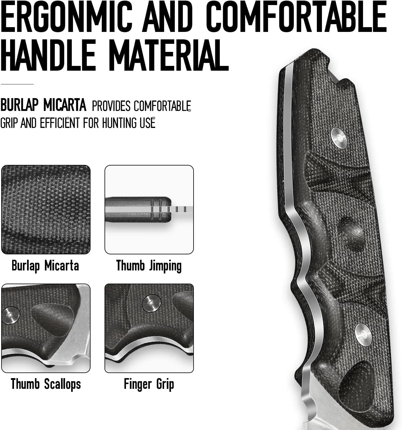 LYNXGEAR Fixed Blade Hunting Knife with Sheath, 9.5in D2 Steel Full Tang Design & Micarta Handle - Perfect for Outdoor, EDC, Camping, Bushcraft (Black)