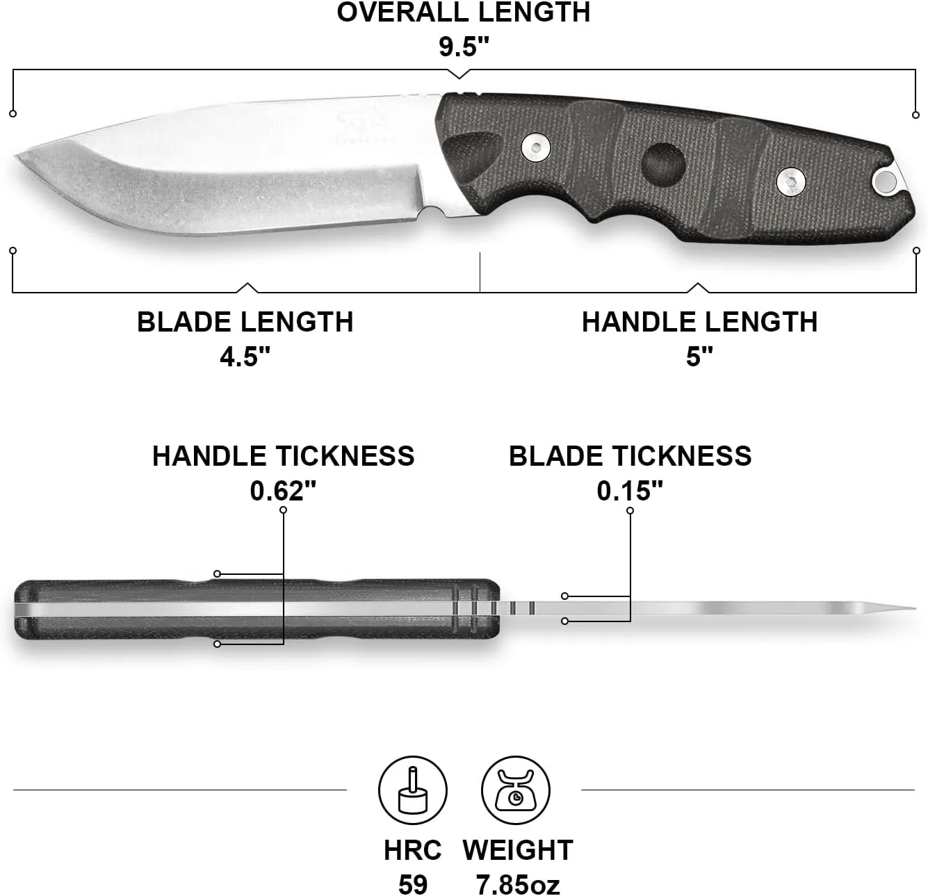 LYNXGEAR Fixed Blade Hunting Knife with Sheath, 9.5in D2 Steel Full Tang Design & Micarta Handle - Perfect for Outdoor, EDC, Camping, Bushcraft (Black)