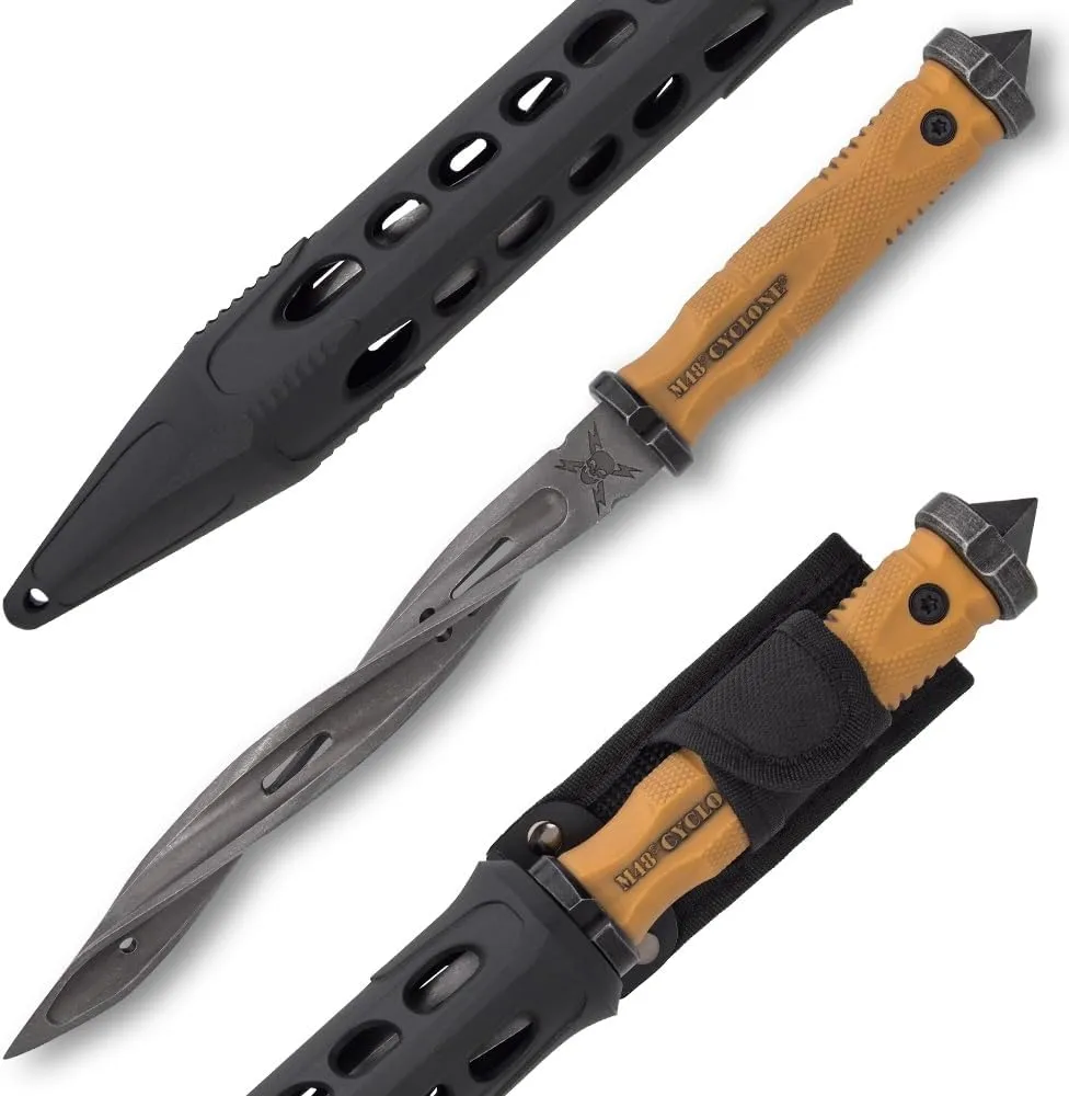 M48 Battle Scarred Tan Spiral Fixed Blade Knife | Vortec Belt Sheath | Stonewashed 8" Stainless Steel Blade | 48HC Hardness | Versatile Use Tool | Overall Length 13 1/2"