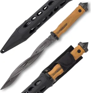 M48 Battle Scarred Tan Spiral Fixed Blade Knife | Vortec Belt Sheath | Stonewashed 8" Stainless Steel Blade | 48HC Hardness | Versatile Use Tool | Overall Length 13 1/2"