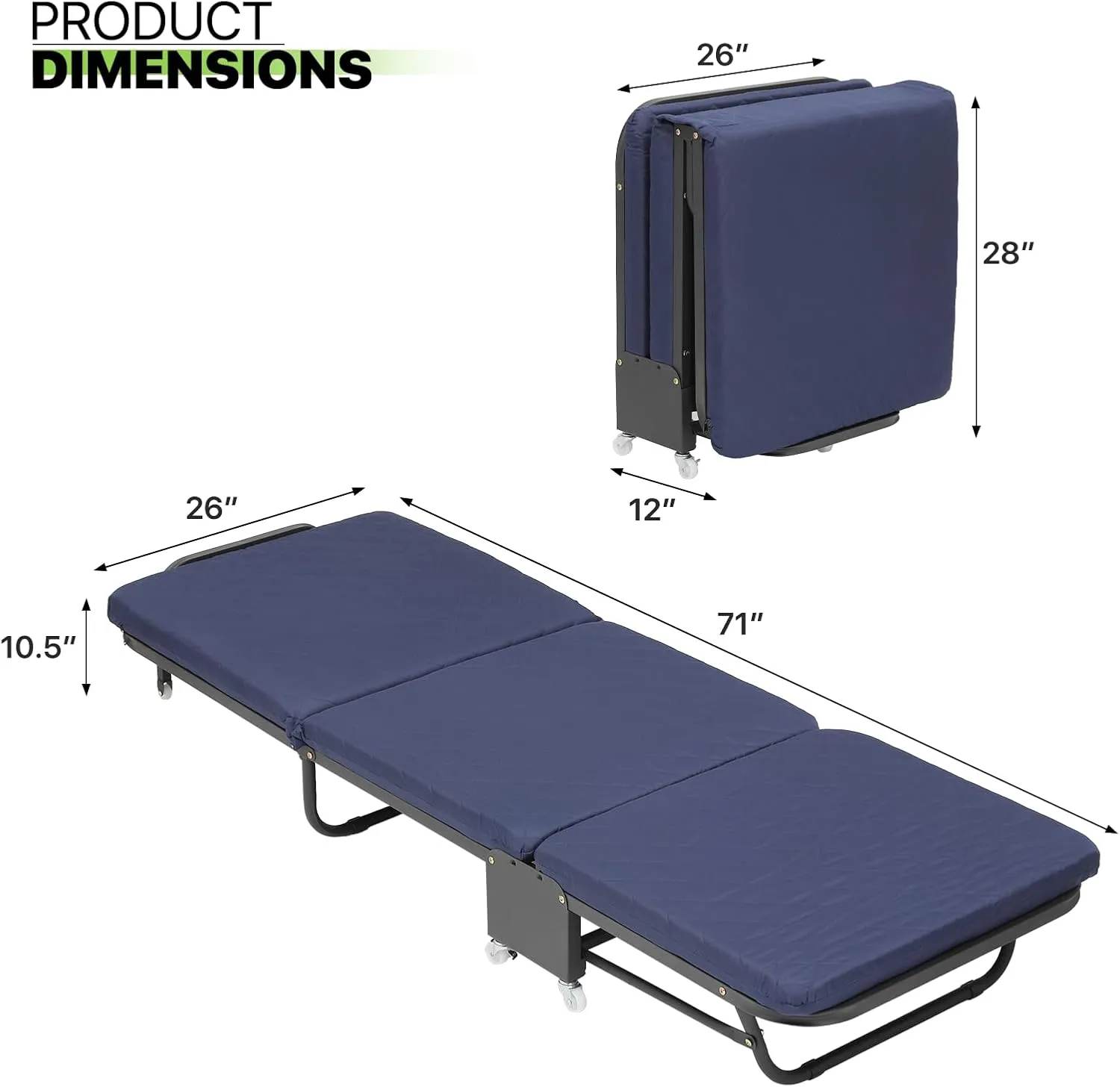 Magshion 71" Folding Cot for Adults with Mattress, 4 Adjustable Backrest & 7 Wheels (5 Swivel 360°, 2 Lockable, 2 Straight-line Movement), Portable Guest Bed for Home, Office, 330 lbs Load, Navy Blue
