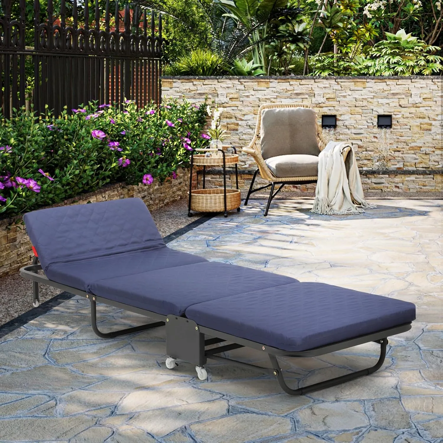 Magshion 71" Folding Cot for Adults with Mattress, 4 Adjustable Backrest & 7 Wheels (5 Swivel 360°, 2 Lockable, 2 Straight-line Movement), Portable Guest Bed for Home, Office, 330 lbs Load, Navy Blue