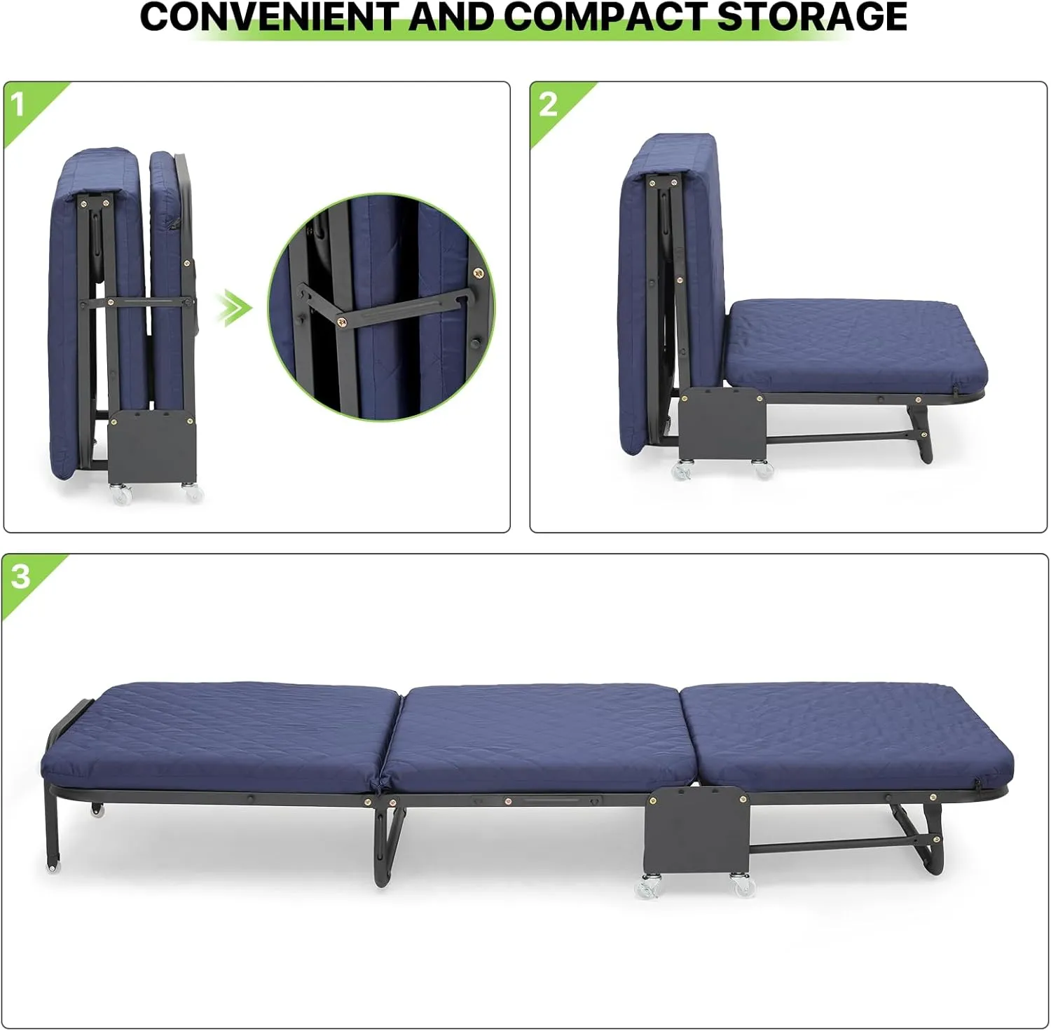 Magshion 71" Folding Cot for Adults with Mattress, 4 Adjustable Backrest & 7 Wheels (5 Swivel 360°, 2 Lockable, 2 Straight-line Movement), Portable Guest Bed for Home, Office, 330 lbs Load, Navy Blue