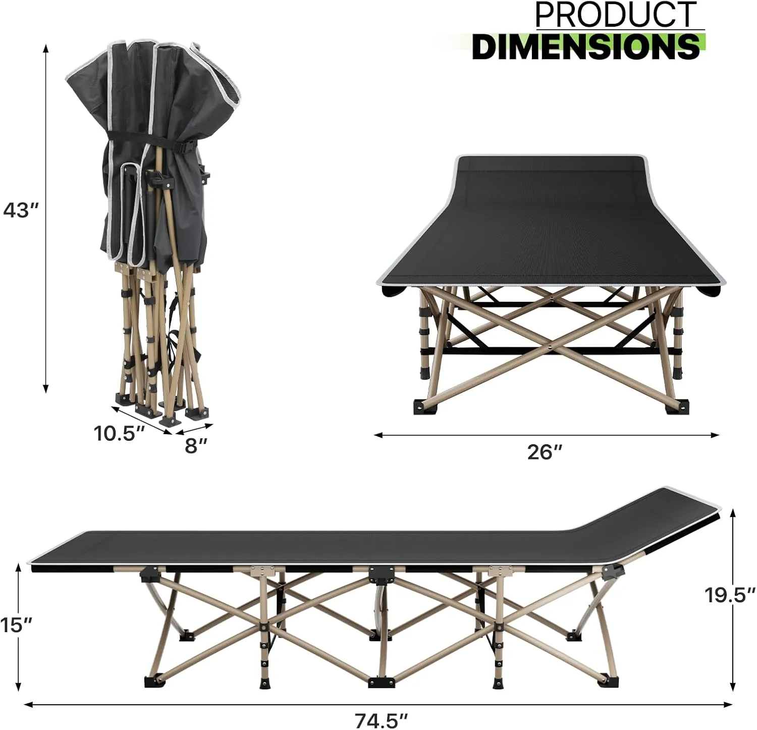 Magshion 75" Camping Cot for Adults, Folding Sleeping Cot, Lightweight Portable for Outdoor Camping with Detachable Pillow and Side Pocket for Travel Home Office Picnic, Supports 360 lbs, Black
