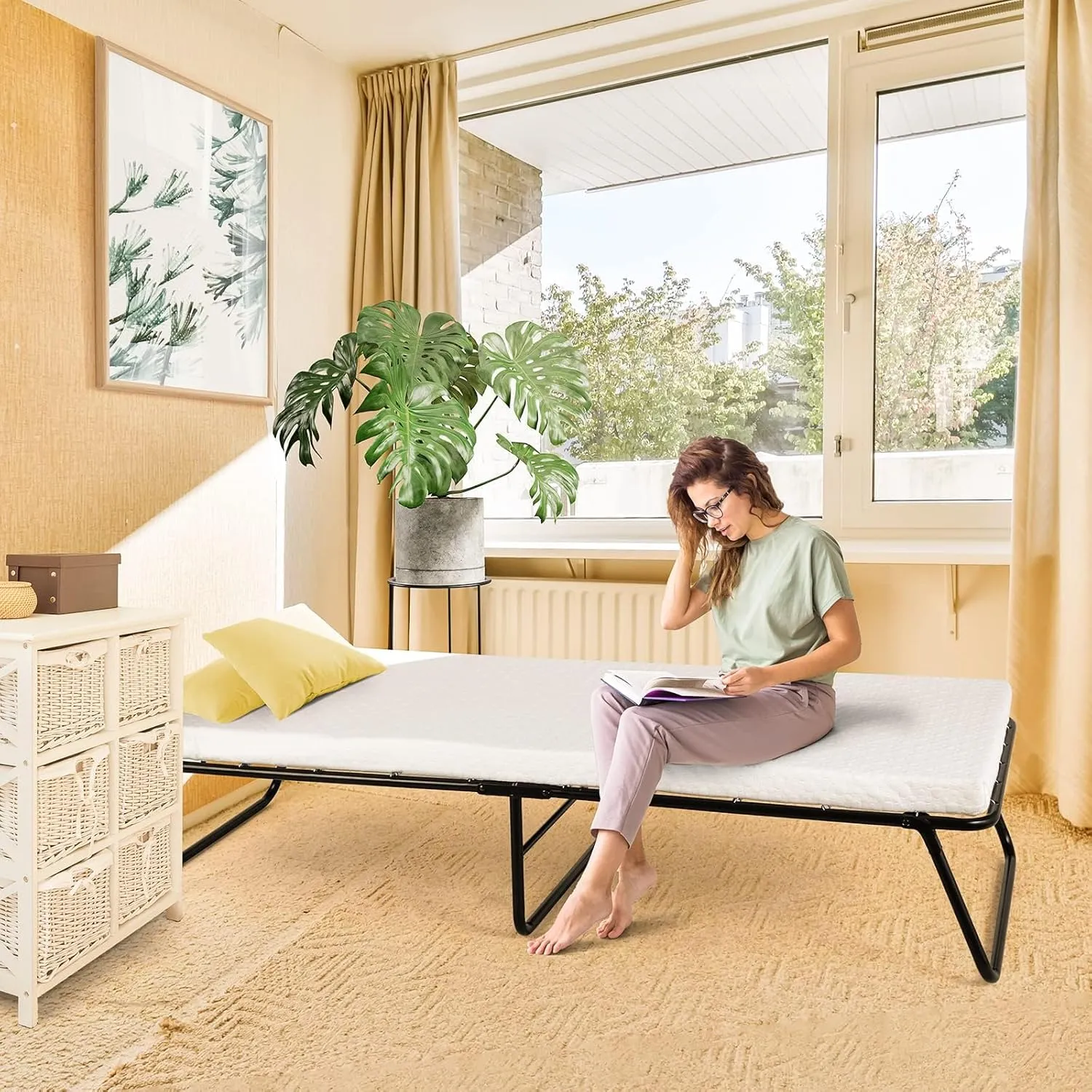 MAMIZO Folding Bed with Wheels, Rollaway Bed with Mattress for Adults, Portable Bed, Metal Frame with Memory Foam Mattress, Guest cot for Bedroom, Office, Camp, No Assembly, 75"x31"