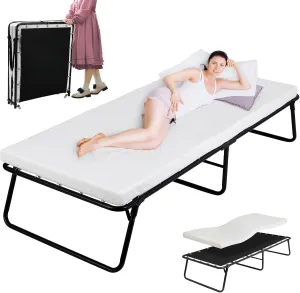 MAMIZO Folding Bed with Wheels, Rollaway Bed with Mattress for Adults, Portable Bed, Metal Frame with Memory Foam Mattress, Guest cot for Bedroom, Office, Camp, No Assembly, 75"x31"