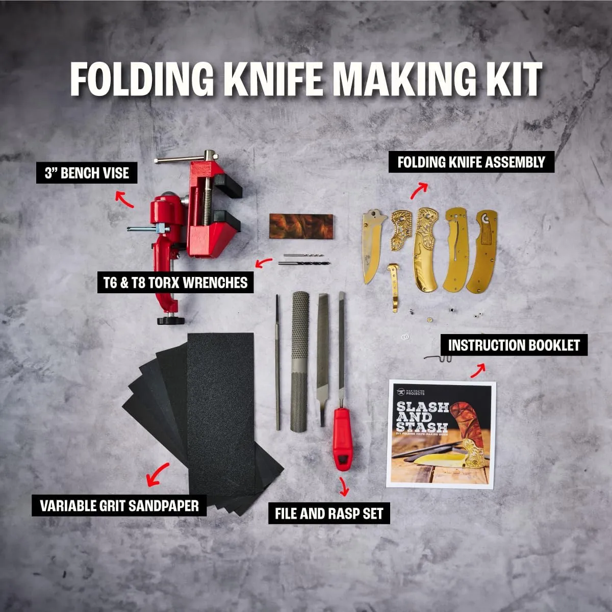 Man Crates Folding Knife Making Kit – Includes Blade, Linen Micarta Handle Scales, Vise, File and More – Great Gifts for Men