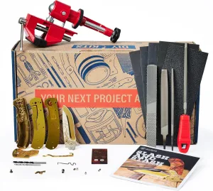 Man Crates Folding Knife Making Kit – Includes Blade, Linen Micarta Handle Scales, Vise, File and More – Great Gifts for Men