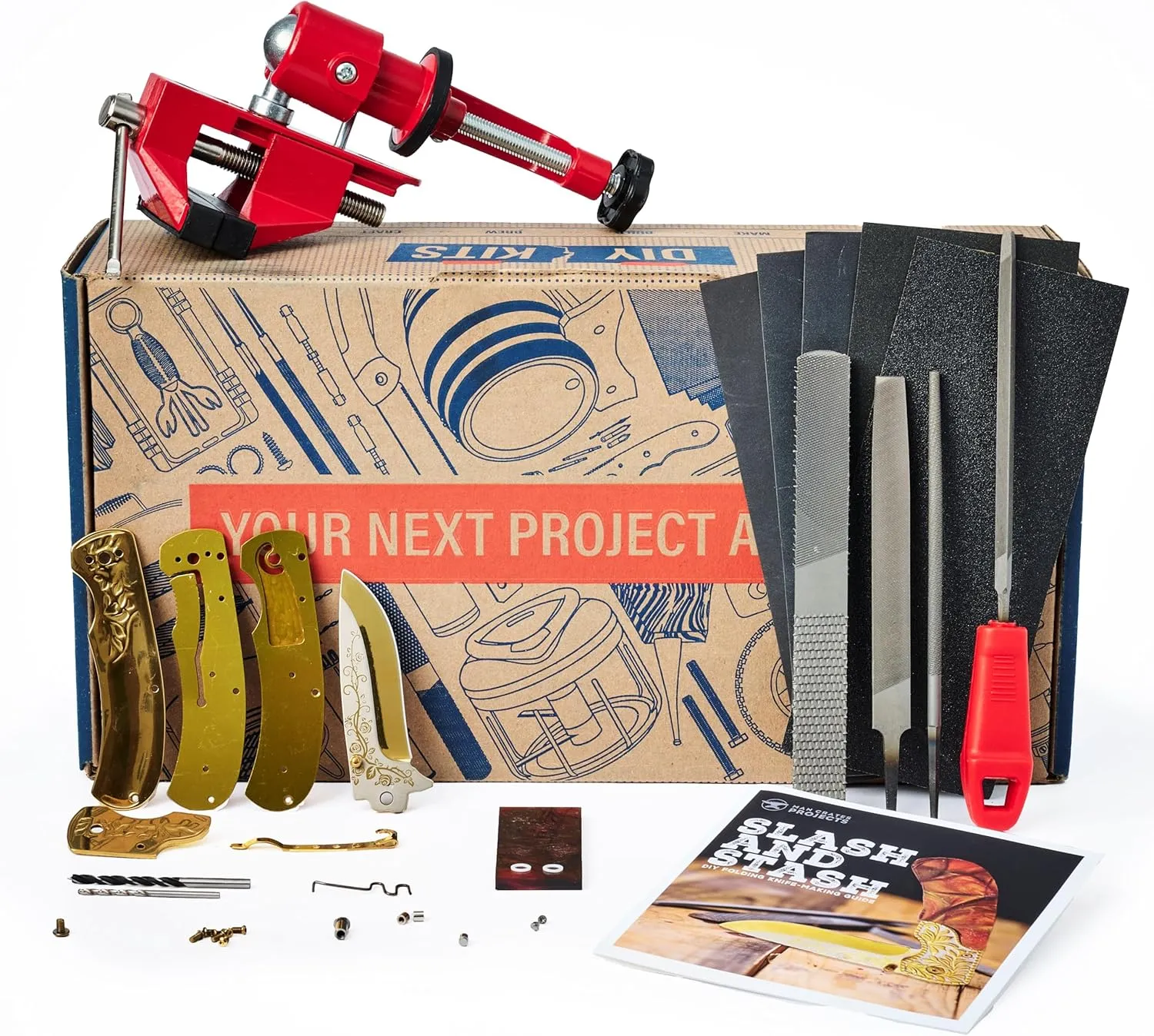 Man Crates Folding Knife Making Kit – Includes Blade, Linen Micarta Handle Scales, Vise, File and More – Great Gifts for Men