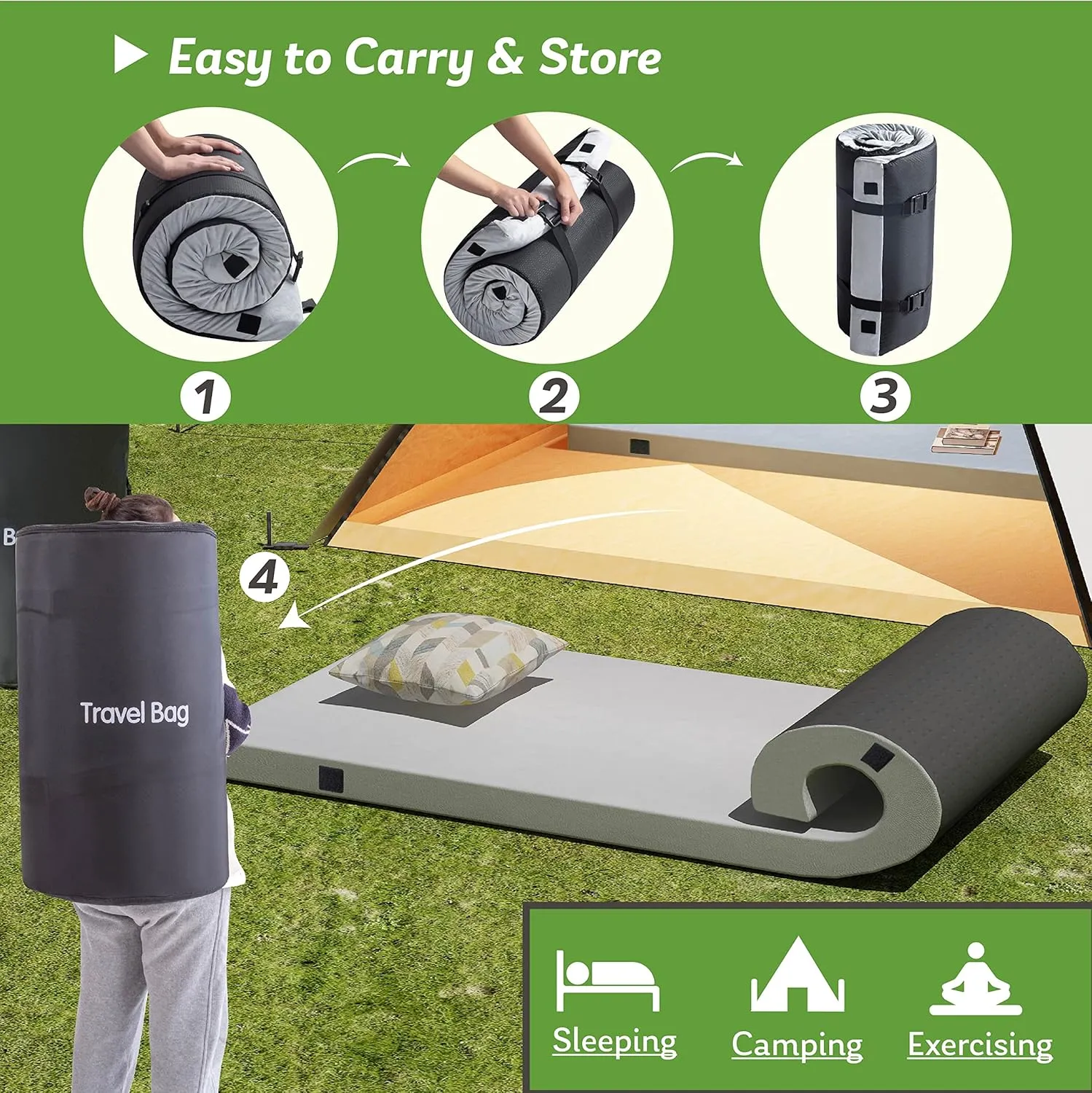 Memory Foam Camping Mattress 2.5 inch, Cot Pads, Single Small Portable Roll Up Camping Sleep Topper with Waterproof and Non-Slip Bottom, Camping Car Mat with Travel Bag, 72"×24"×2.5", Grey