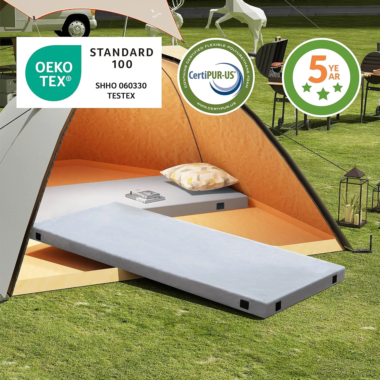 Memory Foam Camping Mattress 2.5 inch, Cot Pads, Single Small Portable Roll Up Camping Sleep Topper with Waterproof and Non-Slip Bottom, Camping Car Mat with Travel Bag, 72"×24"×2.5", Grey