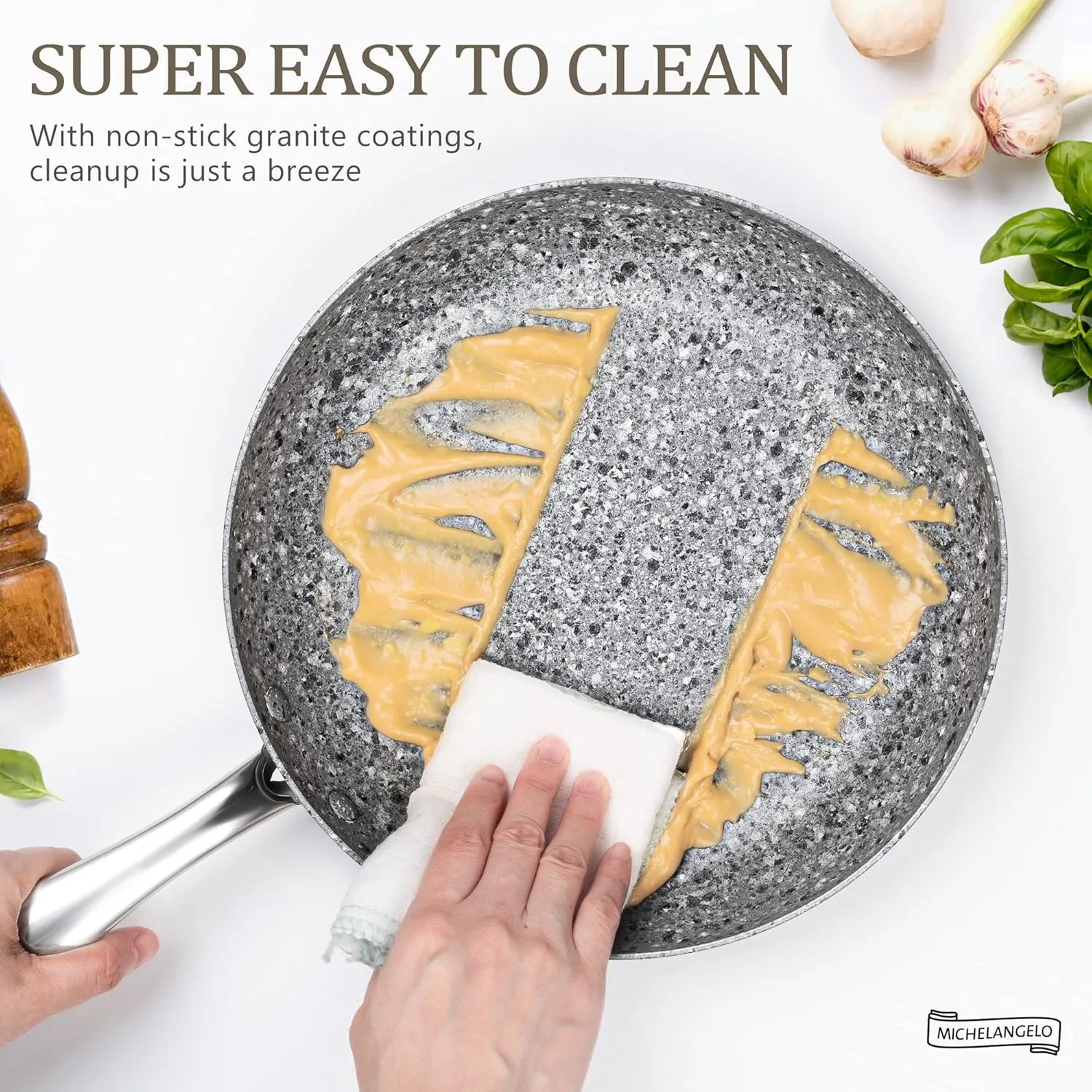 MICHELANGELO Frying Pan Set with Lid, 8" & 10" Granite Frying Pan Set with 100% APEO & PFOA-Free Stone Non Stick Coating, Granite Skillet Set with Lid, Nonstick Frying Pans 2 Piece - 8" 10"