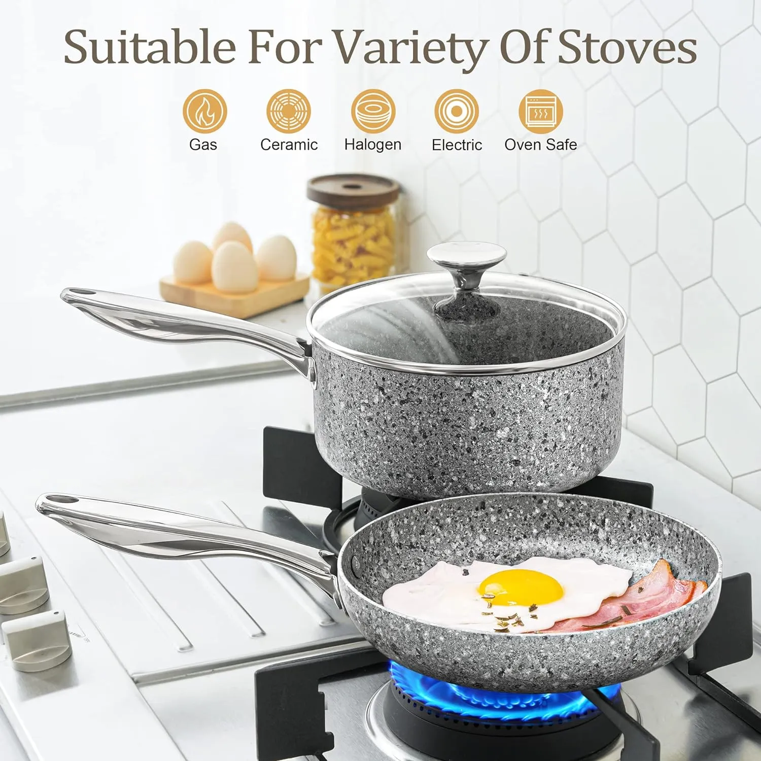 MICHELANGELO Frying Pan Set with Lid, 8" & 10" Granite Frying Pan Set with 100% APEO & PFOA-Free Stone Non Stick Coating, Granite Skillet Set with Lid, Nonstick Frying Pans 2 Piece - 8" 10"