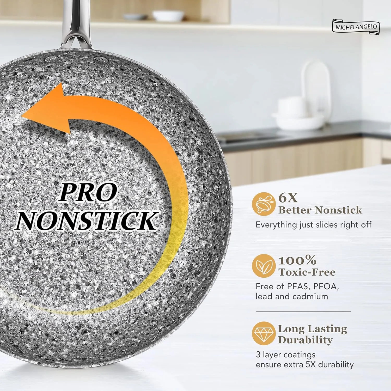 MICHELANGELO Frying Pan Set with Lid, 8" & 10" Granite Frying Pan Set with 100% APEO & PFOA-Free Stone Non Stick Coating, Granite Skillet Set with Lid, Nonstick Frying Pans 2 Piece - 8" 10"
