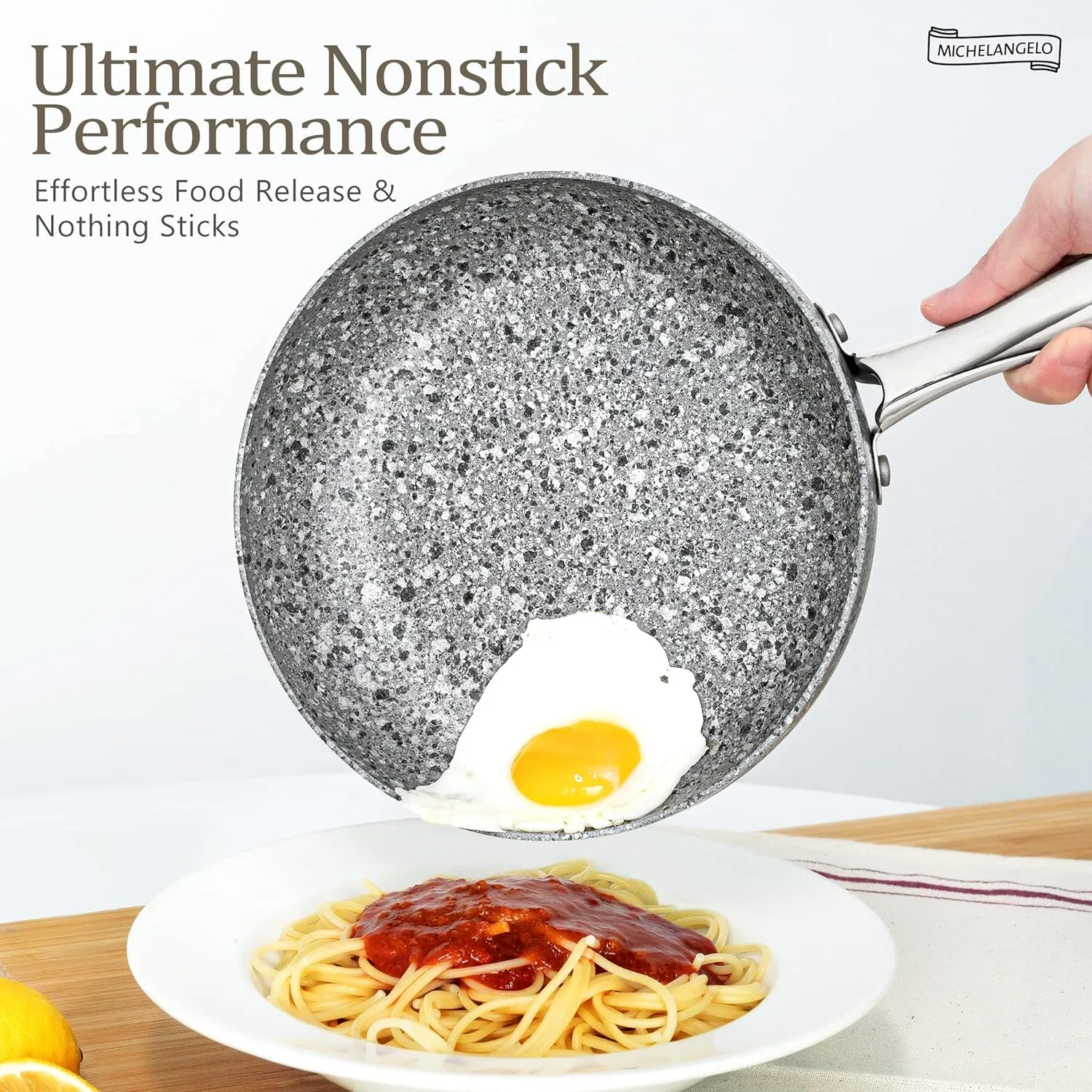 MICHELANGELO Frying Pan Set with Lid, 8" & 10" Granite Frying Pan Set with 100% APEO & PFOA-Free Stone Non Stick Coating, Granite Skillet Set with Lid, Nonstick Frying Pans 2 Piece - 8" 10"