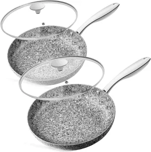 MICHELANGELO Frying Pan Set with Lid, 8" & 10" Granite Frying Pan Set with 100% APEO & PFOA-Free Stone Non Stick Coating, Granite Skillet Set with Lid, Nonstick Frying Pans 2 Piece - 8" 10"
