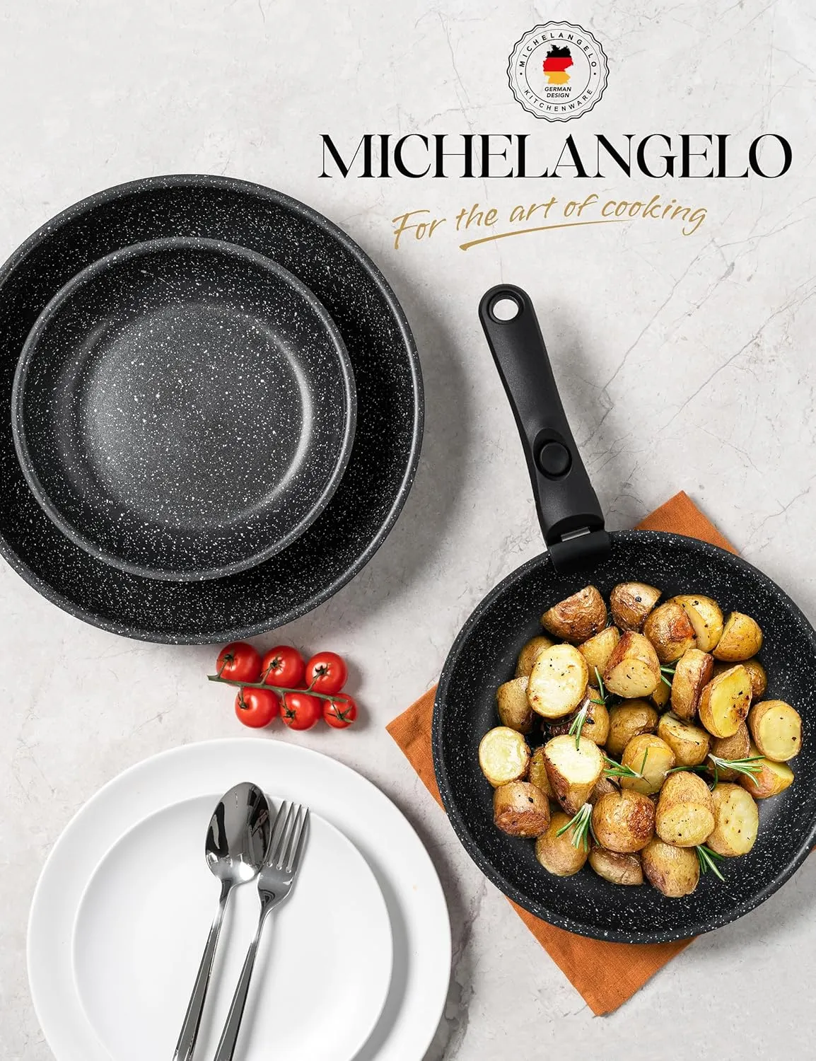 MICHELANGELO Nonstick Frying Pan Set Removable Handle, 8" 9.5" and 11" Frying Pans, Skillets with Detachable Handle, Granite Coating Egg Pan, Non Toxic Pans for Cooking, PFOA Free, Oven Safe, Black