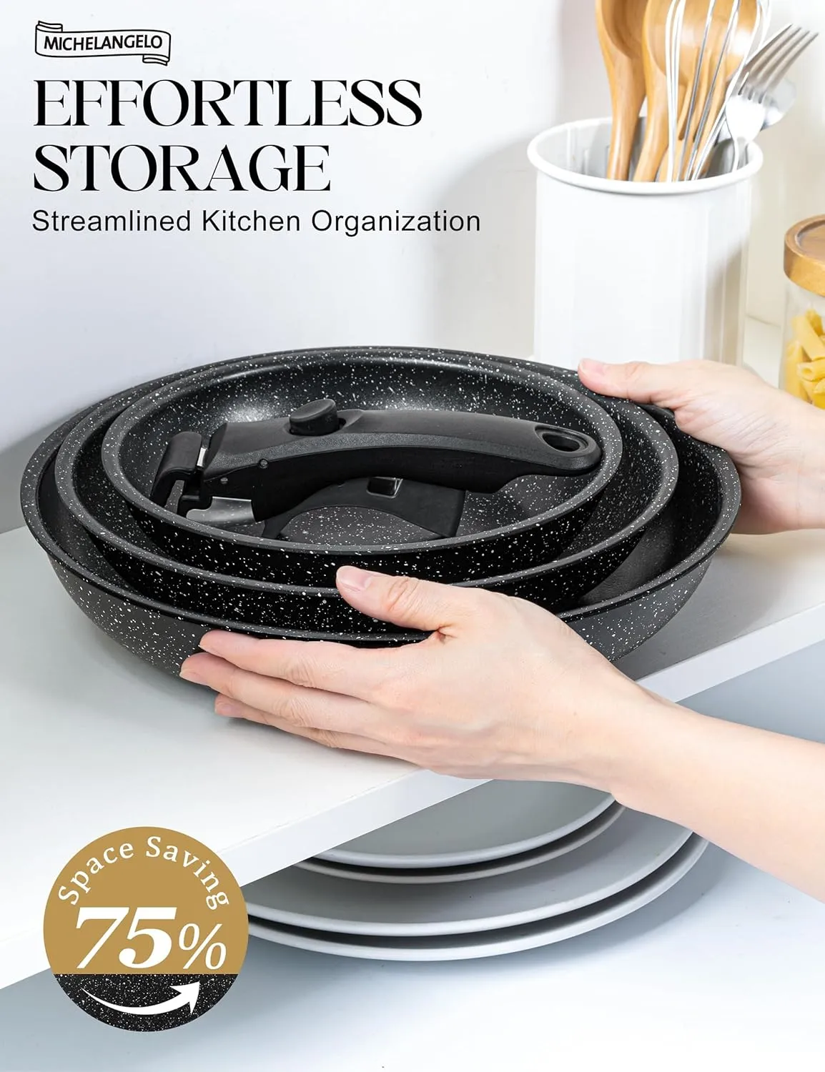 MICHELANGELO Nonstick Frying Pan Set Removable Handle, 8" 9.5" and 11" Frying Pans, Skillets with Detachable Handle, Granite Coating Egg Pan, Non Toxic Pans for Cooking, PFOA Free, Oven Safe, Black