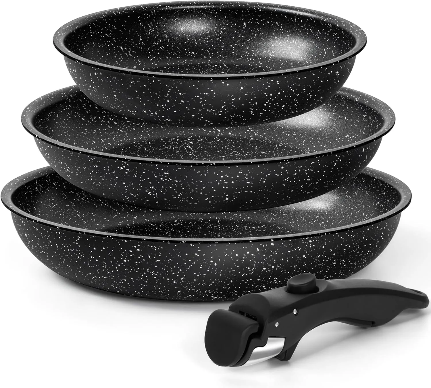 MICHELANGELO Nonstick Frying Pan Set Removable Handle, 8" 9.5" and 11" Frying Pans, Skillets with Detachable Handle, Granite Coating Egg Pan, Non Toxic Pans for Cooking, PFOA Free, Oven Safe, Black