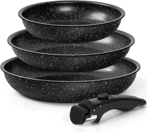 MICHELANGELO Nonstick Frying Pan Set Removable Handle, 8" 9.5" and 11" Frying Pans, Skillets with Detachable Handle, Granite Coating Egg Pan, Non Toxic Pans for Cooking, PFOA Free, Oven Safe, Black