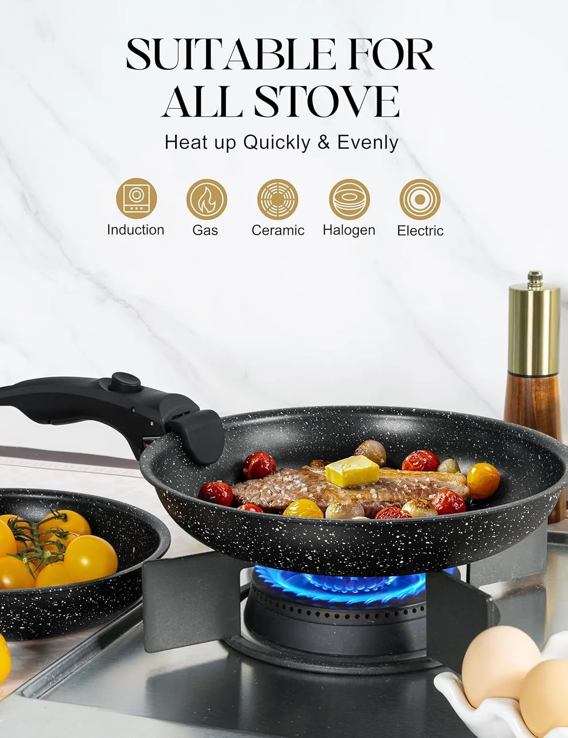 MICHELANGELO Nonstick Frying Pan Set Removable Handle, 8" & 10" Fry Pans with Detachable Handle, Granite Coating Skillets, Non Toxic Pans for Cooking, PFOA Free, Oven Safe, Black