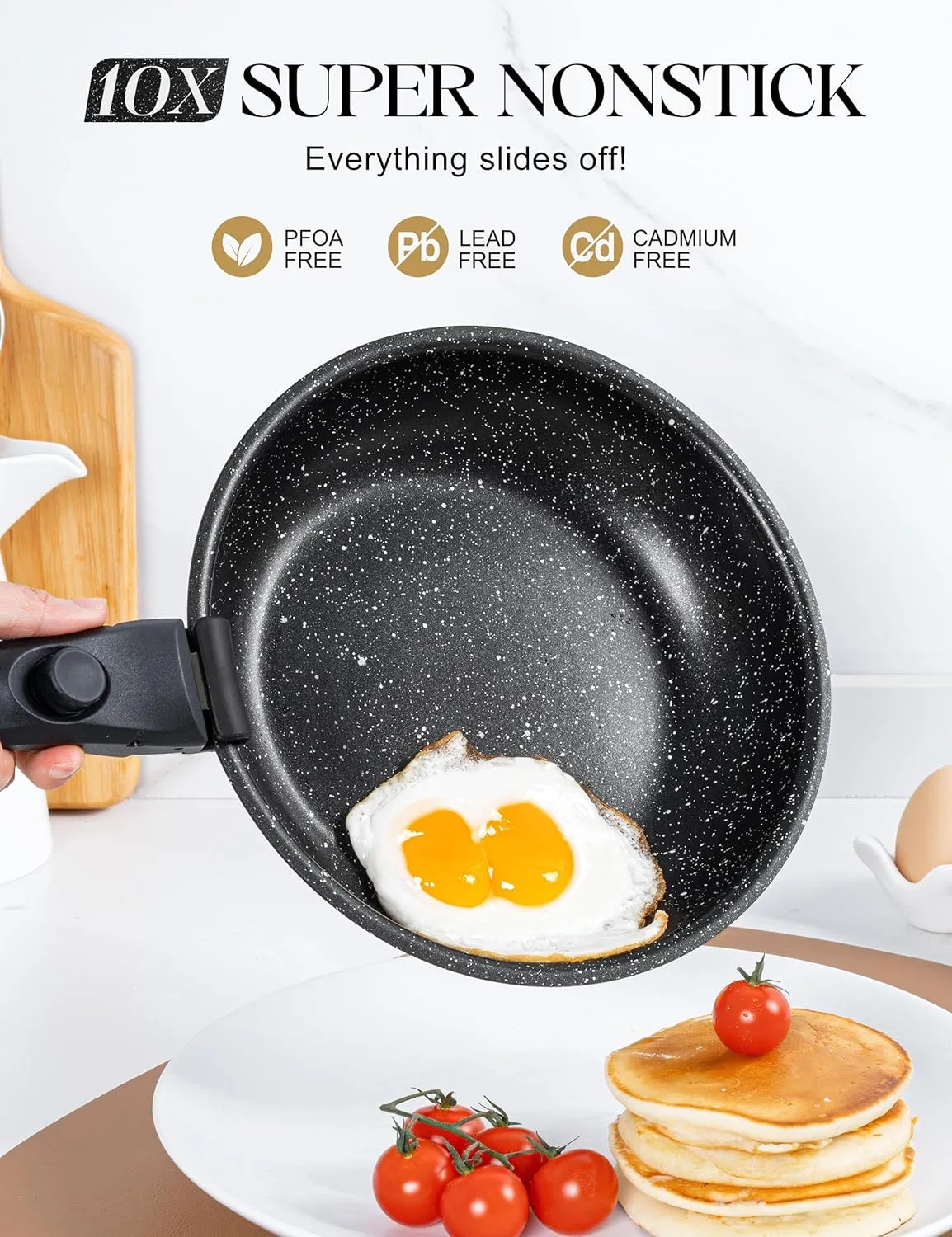 MICHELANGELO Nonstick Frying Pan Set Removable Handle, 8" & 10" Fry Pans with Detachable Handle, Granite Coating Skillets, Non Toxic Pans for Cooking, PFOA Free, Oven Safe, Black