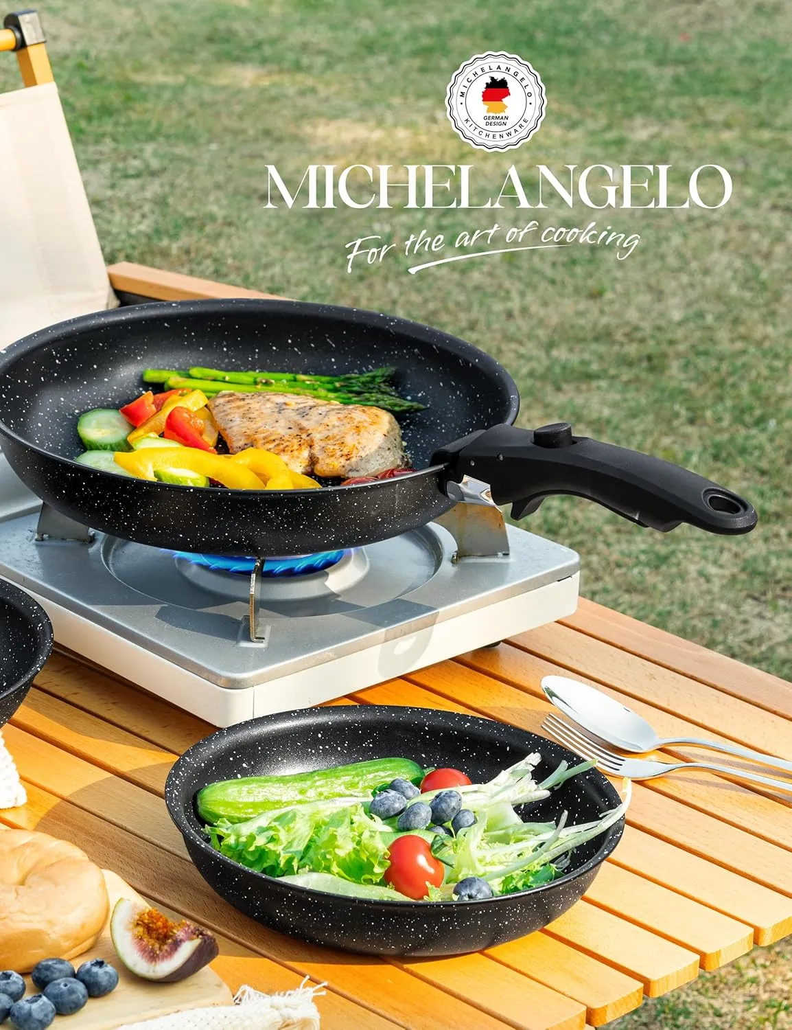 MICHELANGELO Nonstick Frying Pan Set Removable Handle, 8" & 10" Fry Pans with Detachable Handle, Granite Coating Skillets, Non Toxic Pans for Cooking, PFOA Free, Oven Safe, Black