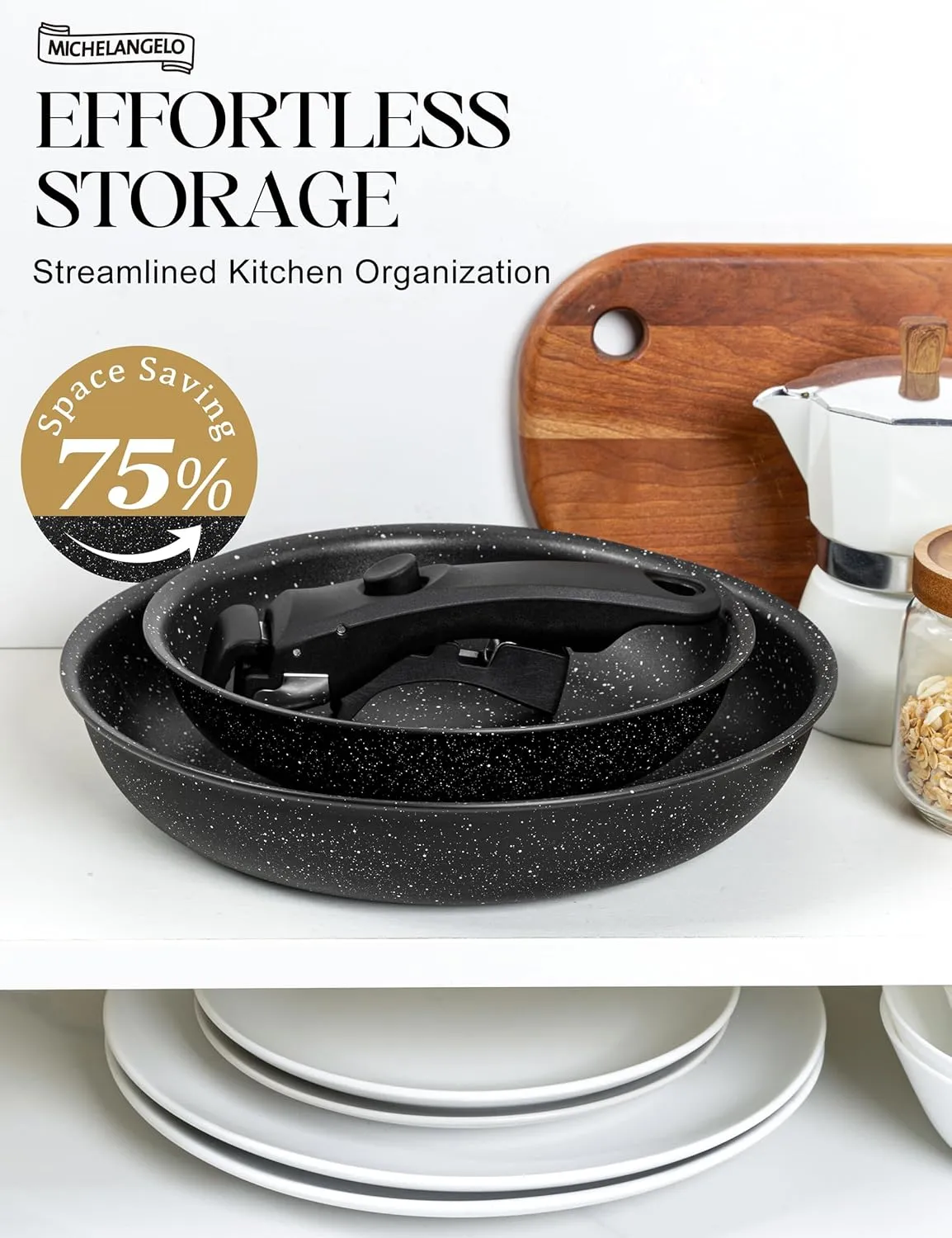 MICHELANGELO Nonstick Frying Pan Set Removable Handle, 8" & 10" Fry Pans with Detachable Handle, Granite Coating Skillets, Non Toxic Pans for Cooking, PFOA Free, Oven Safe, Black