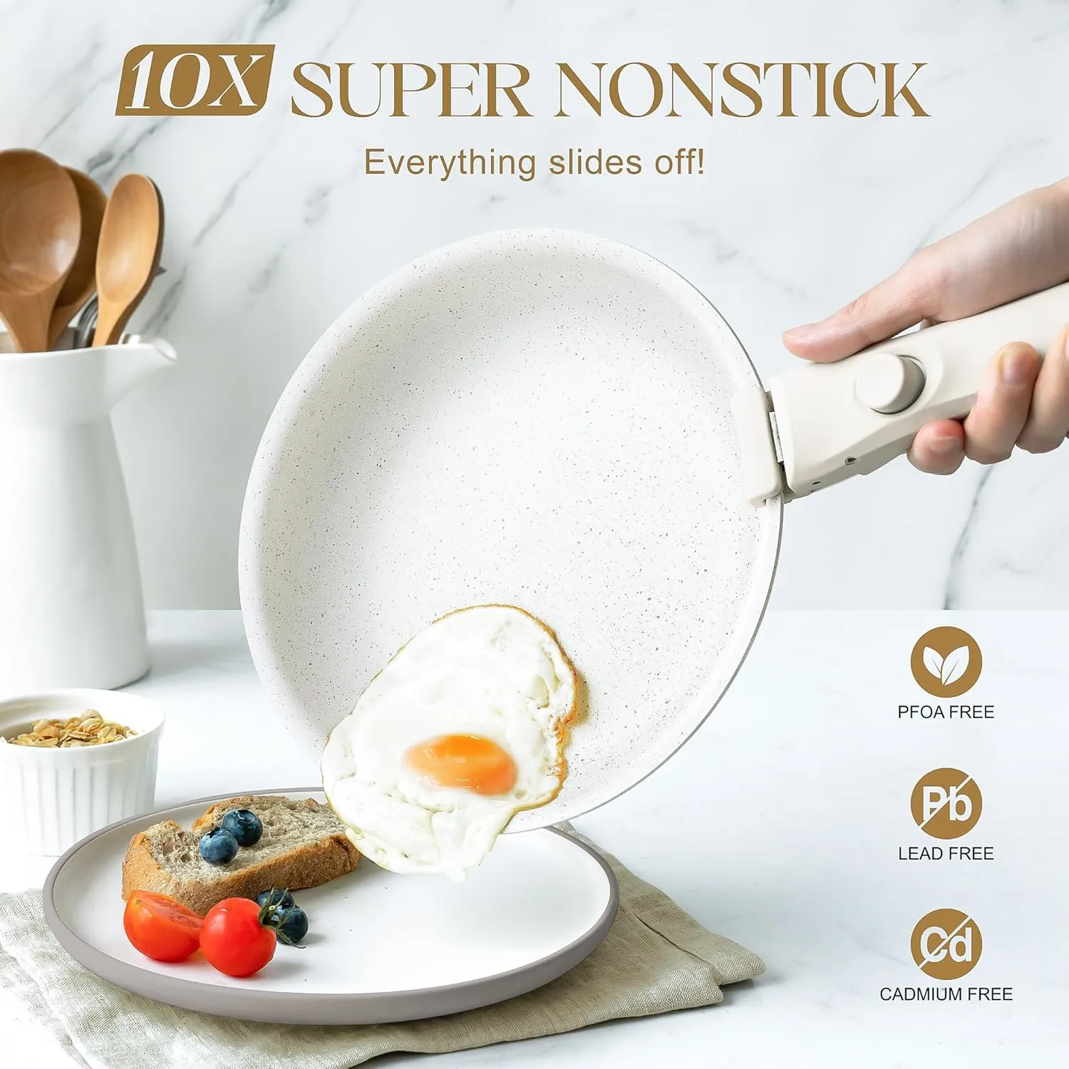 MICHELANGELO Nonstick Frying Pan Set Removable Handle, 8" & 10" Fry Pans with Detachable Handle, Granite Coating Skillets, Non Toxic Pans for Cooking, PFOA Free, Oven Safe, White
