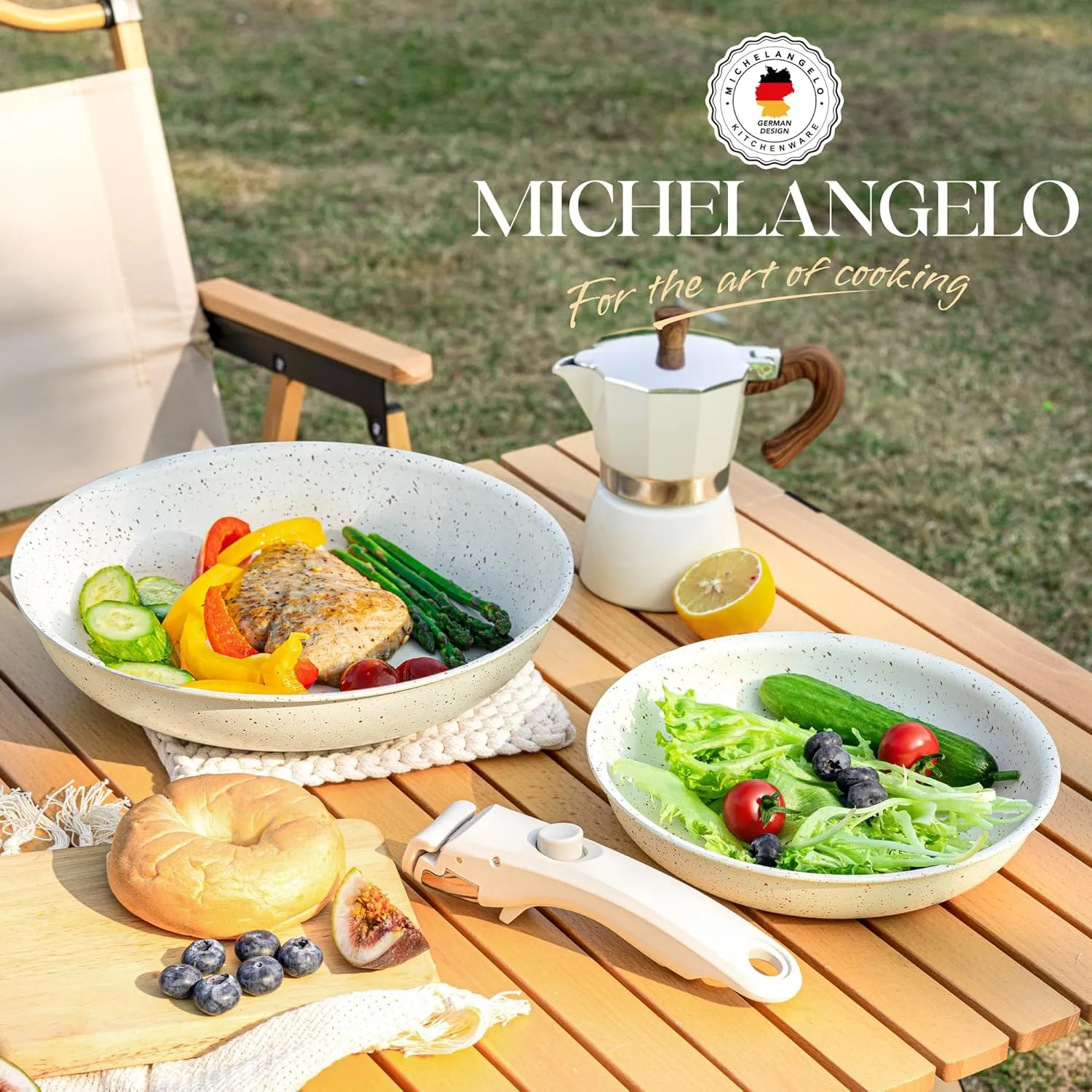 MICHELANGELO Nonstick Frying Pan Set Removable Handle, 8" & 10" Fry Pans with Detachable Handle, Granite Coating Skillets, Non Toxic Pans for Cooking, PFOA Free, Oven Safe, White