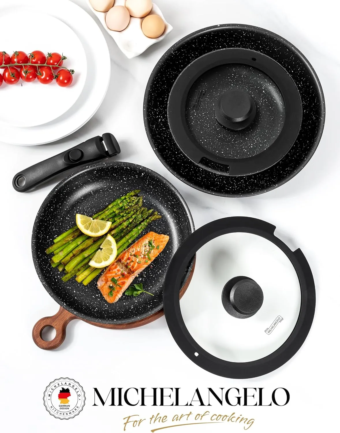 MICHELANGELO Nonstick Frying Pan Set with Lid, 8" 9.5" and 11" Fry Pans with Detachable Handle, Skillets with Removable Handle, Non Toxic Granite Coating Pans for Cooking, PFOA Free, Oven Safe, Black