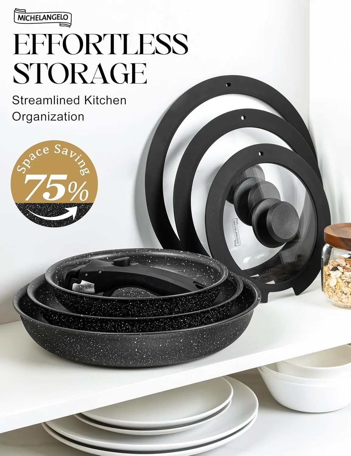 MICHELANGELO Nonstick Frying Pan Set with Lid, 8" 9.5" and 11" Fry Pans with Detachable Handle, Skillets with Removable Handle, Non Toxic Granite Coating Pans for Cooking, PFOA Free, Oven Safe, Black