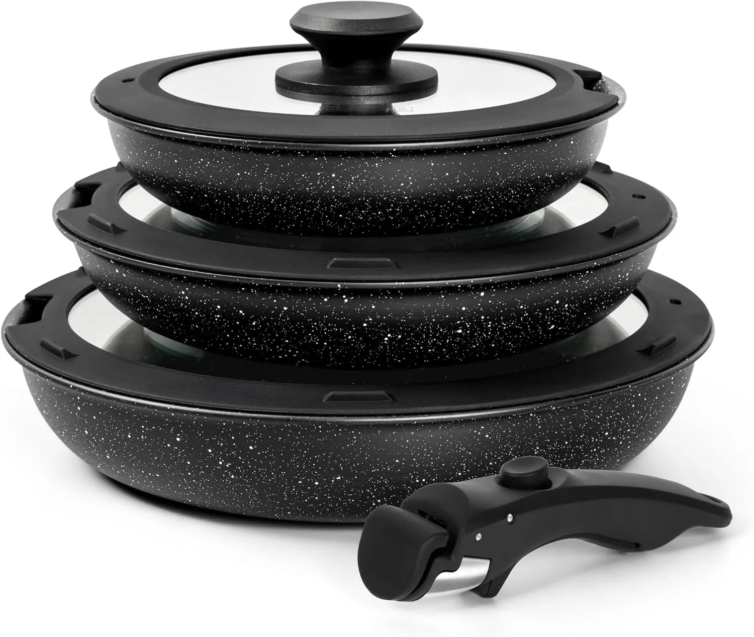 MICHELANGELO Nonstick Frying Pan Set with Lid, 8" 9.5" and 11" Fry Pans with Detachable Handle, Skillets with Removable Handle, Non Toxic Granite Coating Pans for Cooking, PFOA Free, Oven Safe, Black