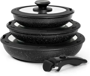 MICHELANGELO Nonstick Frying Pan Set with Lid, 8" 9.5" and 11" Fry Pans with Detachable Handle, Skillets with Removable Handle, Non Toxic Granite Coating Pans for Cooking, PFOA Free, Oven Safe, Black
