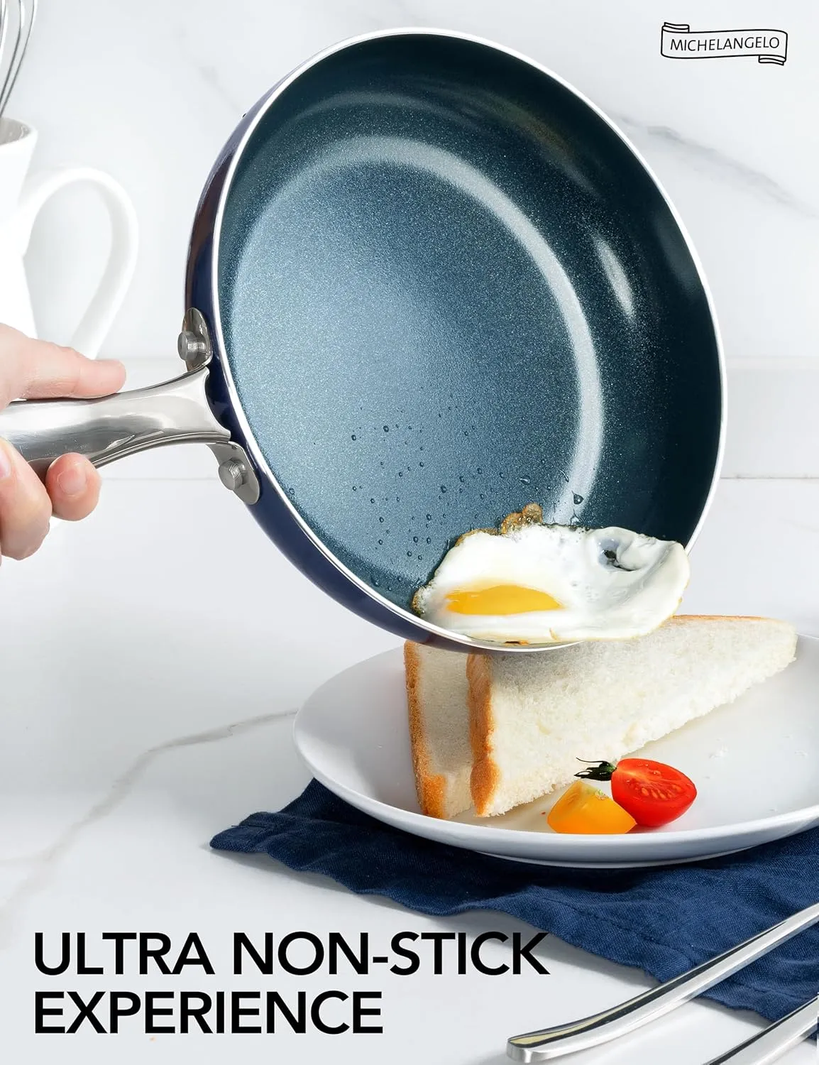 MICHELANGELO Small Frying Pan - 8 Inch Nonstick Frying Pan with Lid, Non-Toxic Omelette Pan with Stainless Handle, Nonstick Skillet, Blue-Ceramic