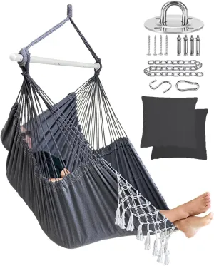 MIZTLI Hammock Chair Hanging Chair Swing Chair XXL Large Macrame Swing Indoor Hammock for Bedroom - Max 500 Lbs - 2 Cushions & All Hanging Kit Included