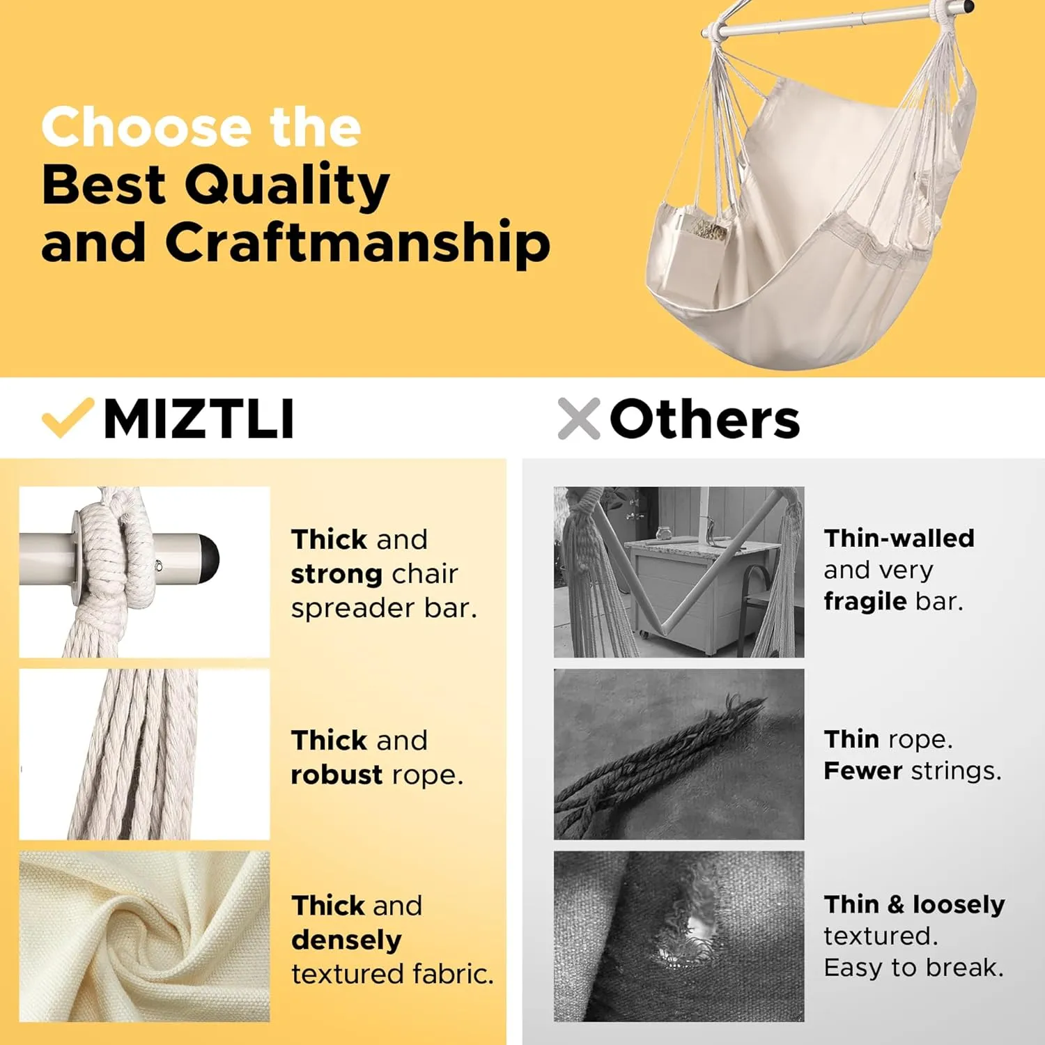 MIZTLI Hammock Chair Hanging Chair Swing Chair XXL Large Macrame Swing Indoor Hammock for Bedroom - Max 500 Lbs - 2 Cushions & All Hanging Kit Included