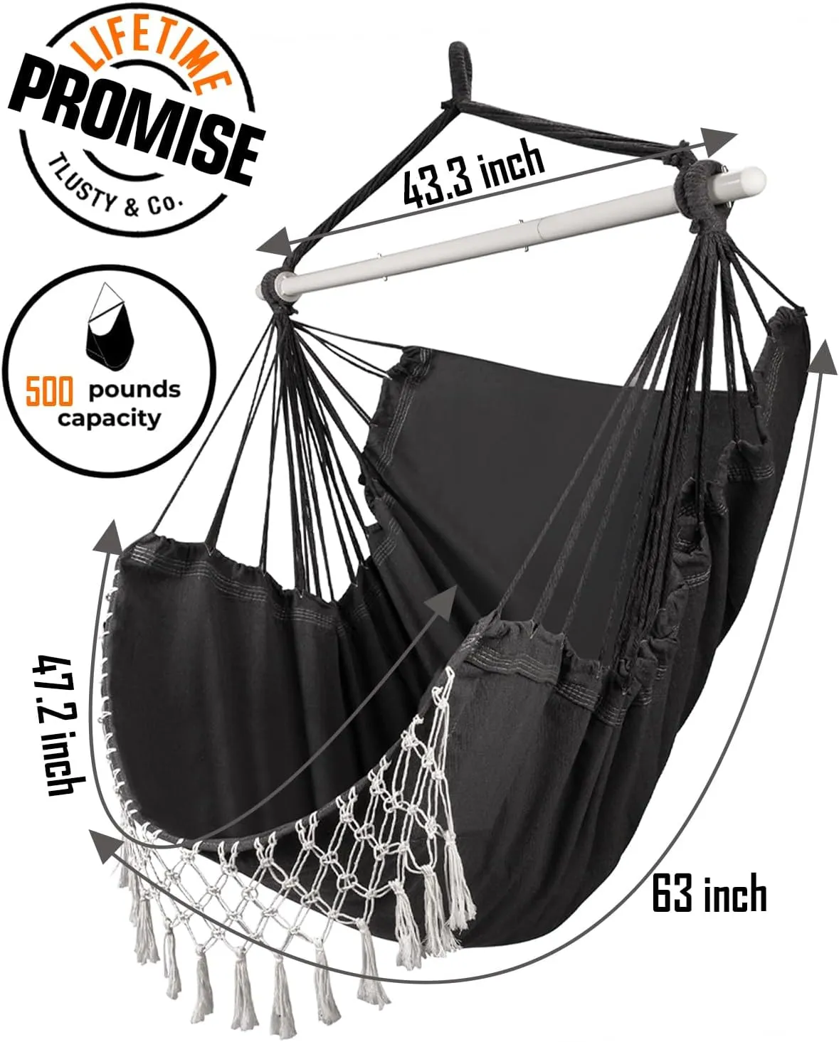 MIZTLI Hammock Chair Hanging Chair Swing Chair XXL Large Macrame Swing Indoor Hammock for Bedroom - Max 500 Lbs - 2 Cushions & All Hanging Kit Included
