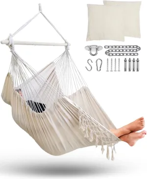 MIZTLI Hammock Chair Hanging Chair Swing Chair XXL Large Macrame Swing Indoor Hammock for Bedroom - Max 500 Lbs - 2 Cushions & All Hanging Kit Included