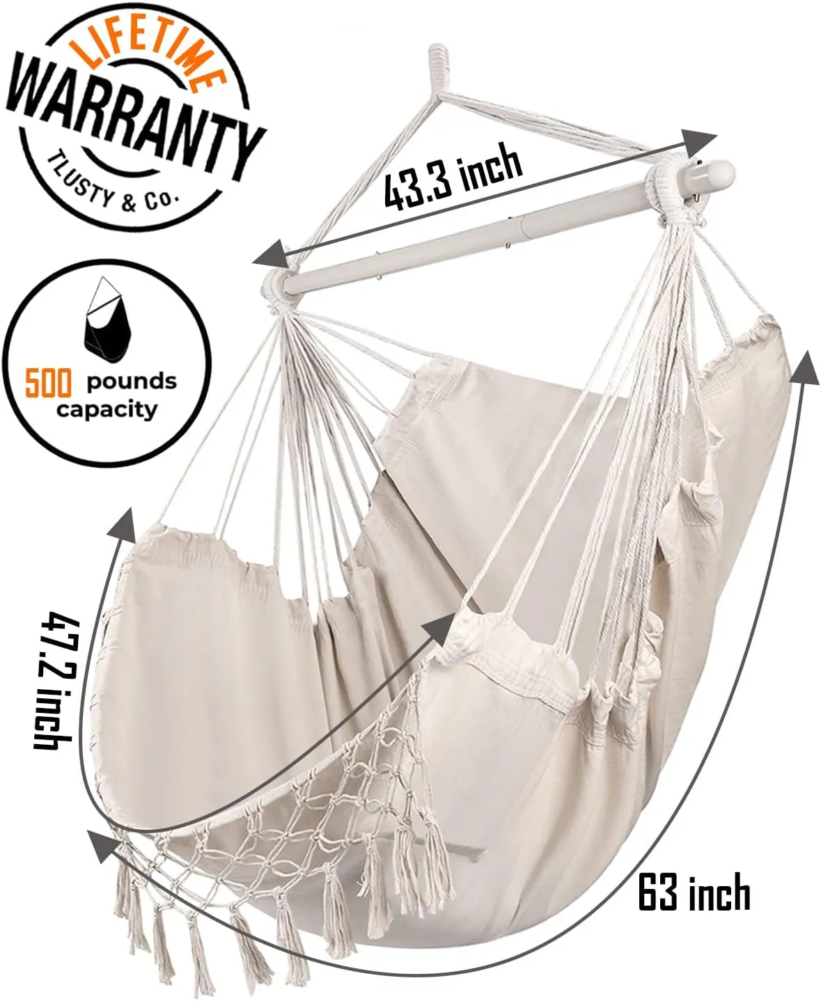 MIZTLI Hammock Chair Hanging Chair Swing Chair XXL Large Macrame Swing Indoor Hammock for Bedroom - Max 500 Lbs - 2 Cushions & All Hanging Kit Included