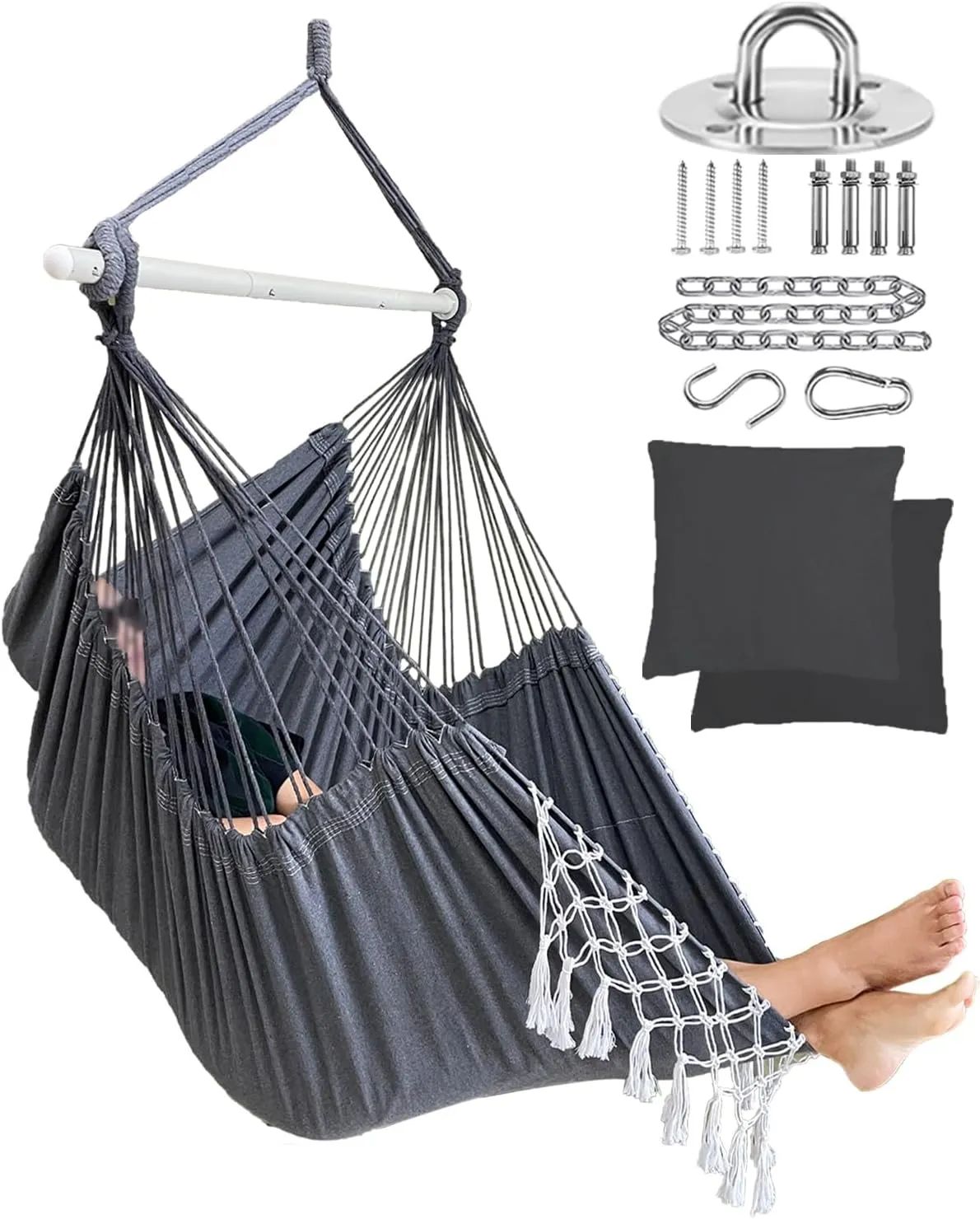 MIZTLI Hammock Chair Hanging Chair Swing Chair XXL Large Macrame Swing Indoor Hammock for Bedroom - Max 500 Lbs - 2 Cushions & All Hanging Kit Included