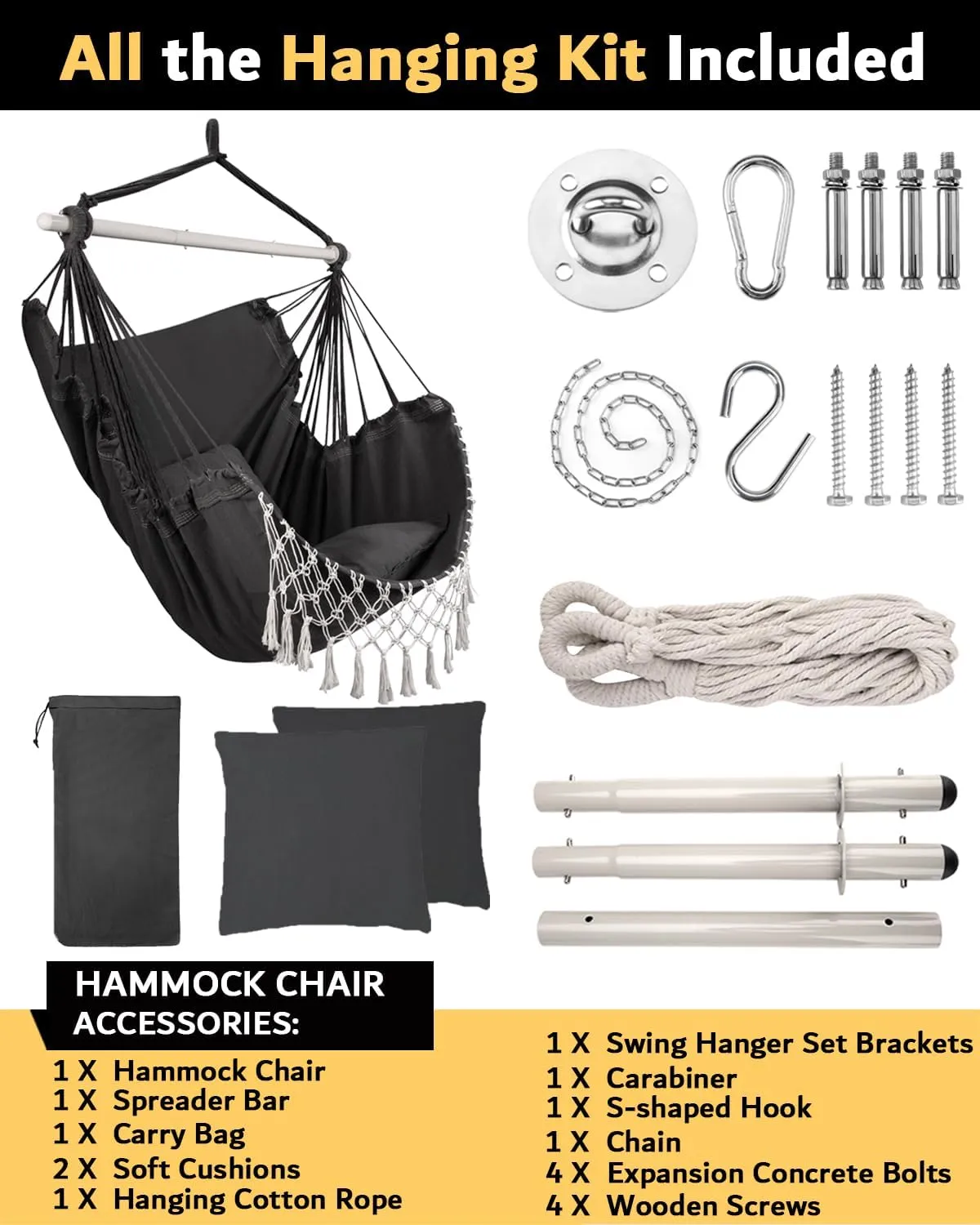 MIZTLI Hammock Chair Hanging Chair Swing Chair XXL Large Macrame Swing Indoor Hammock for Bedroom - Max 500 Lbs - 2 Cushions & All Hanging Kit Included