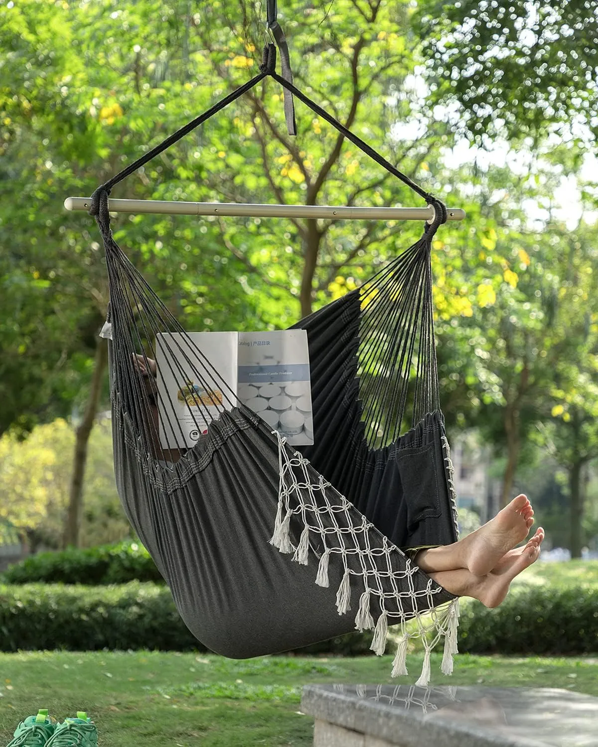 MIZTLI Hammock Chair Hanging Chair Swing Chair XXL Large Macrame Swing Indoor Hammock for Bedroom - Max 500 Lbs - 2 Cushions & All Hanging Kit Included